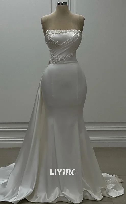 Exclusive Deals LW405 - Simple Beaded Pleats Sleek Satin Memaid Wedding Dresses