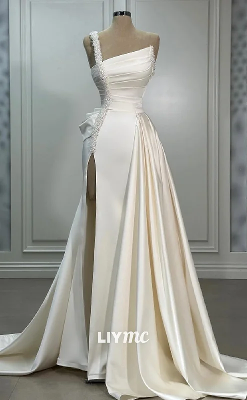 Special Offers LW406 - Asymmetrical A-Line Pleats Draped Side Slit Satin Wedding Dress
