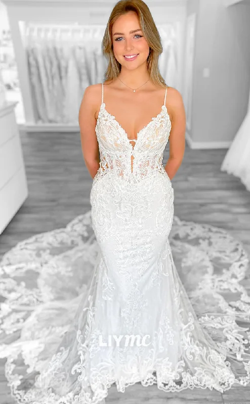 Weekend Shopping Madness LW412 - Spaghetti Straps Sheer Lace Appliques Open Back Beach Wedding Dress