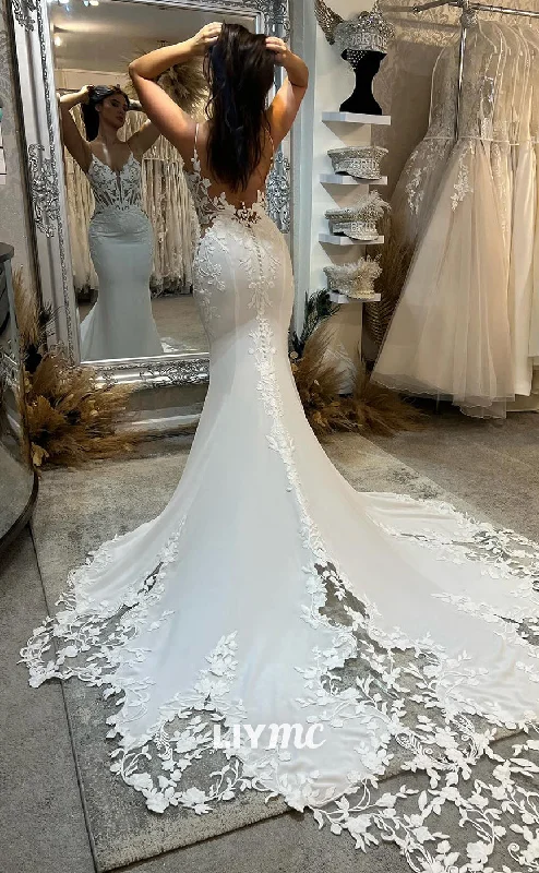 Weekend Big Discount Event LW416 - V-Neck Open Back Flower Appliques Mermaid Wedding Dress