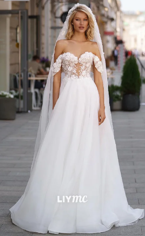 Weekend Shopping Highlights LW418 - Off-Shoulder Strapless Sheer Flower Embellished A-Line Wedding Dress