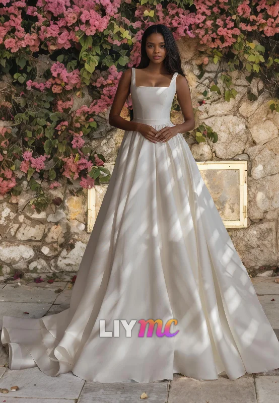 Weekend Limited-Time Offers LW423 - Squre Sleeveless Simple A-Line Pleated Ruched Satin Wedding Dress