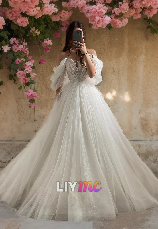 Weekend Exclusive Offers You’ll Love LW430 - V-Neck Off-Shoulder Appliques Tulle Tiered A-Line Ball Gown Wedding Dress