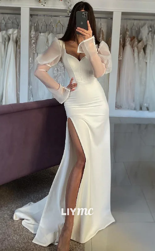 Weekend Markdowns Galore LW431 - Sweetheart Long Sleeves Sleek Satin High Slit Boho Wedding Dress