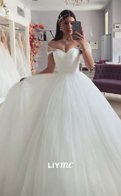 Weekend Promo Offers LW433 - Off-Shoulder Sleeveless Tulle A-Line Tiered Ball Gown Wedding Dress