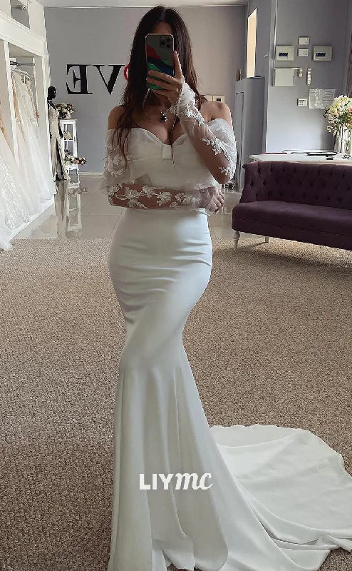 Weekend Big Sale LW435 - Off-Shoulder Long Sleeves Sleek Satin Sheath Mermaid Wedding Dress