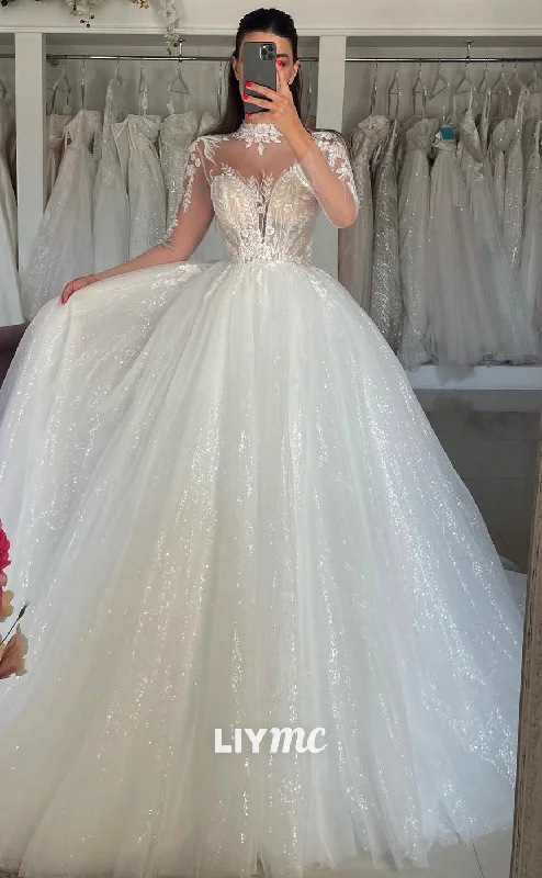Weekend Price Slash Event LW436 - V-Neck Lace Appliques Sheer Tulle Tiered A-Line Ball Gown Wedding Dress