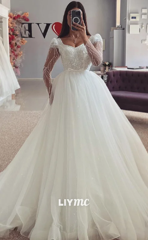 Weekend Big Savings LW438 - V-Neck Cap Sleeves Tulle Tiered A-Line Ball Gown Wedding Dress