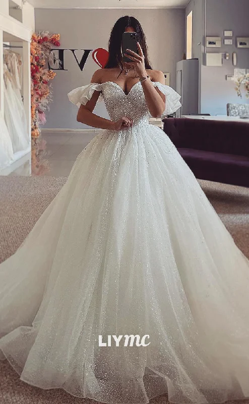 Weekend Savings Bonanza LW443 - Off-Shoulder V-Neck Beaded Tiered A-Line Tulle Ball Gown Wedding Dress Weekend Savings Bonanza LW443 - Off-Shoulder V-Neck Beaded Tiered A-Line Tulle Ball Gown Wedding Dress