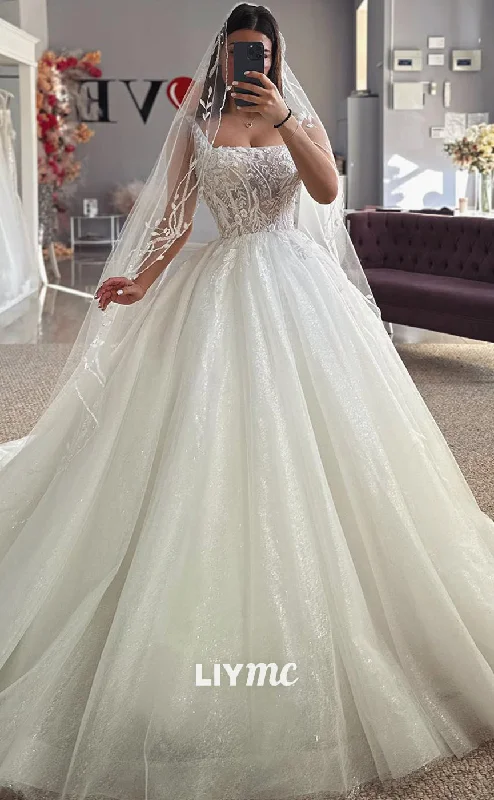 Weekend Sale Extravaganza LW444 - Square Sleeveless Sheer Appliques Tiered A-Line Ball Gown Wedding Dress Weekend Sale Extravaganza LW444 - Square Sleeveless Sheer Appliques Tiered A-Line Ball Gown Wedding Dress