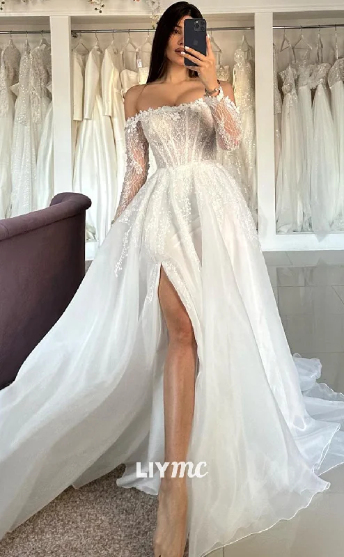 Weekend Hot Picks LW445 - Off-Shoulder Long Sleeves Floral Appliques Side Slit A-Line Wedding Dress Weekend Hot Picks LW445 - Off-Shoulder Long Sleeves Floral Appliques Side Slit A-Line Wedding Dress