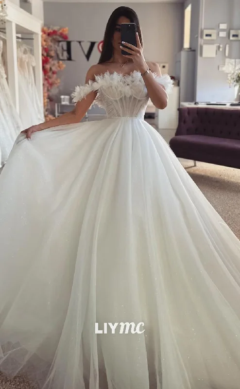 Weekend Discount Rush LW447 - Off-Shoulder Floral Embellished Pleated Ruched Sleeveless Ball Gown Wedding Dress Weekend Discount Rush LW447 - Off-Shoulder Floral Embellished Pleated Ruched Sleeveless Ball Gown Wedding Dress