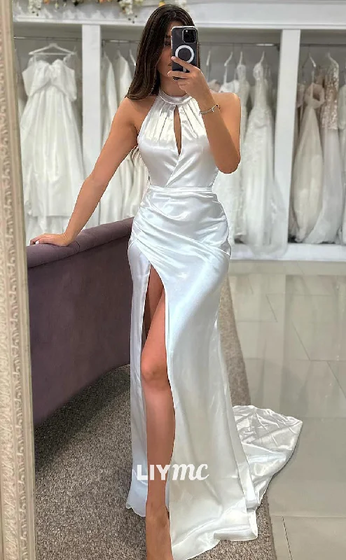 Weekend Best Deals LW448 - Halter Sleeveless Cut Outs Pleated Ruched Mermaid Beach Wedding Dress Weekend Best Deals LW448 - Halter Sleeveless Cut Outs Pleated Ruched Mermaid Beach Wedding Dress