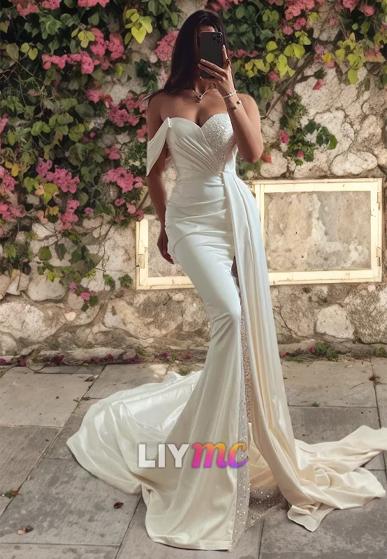 Weekend Offers You Can’t Miss LW451 - Off-Shoulder Asymmetrical Pleated Beaded Satin Ruched Mermaid Wedding Dress Weekend Offers You Can’t Miss LW451 - Off-Shoulder Asymmetrical Pleated Beaded Satin Ruched Mermaid Wedding Dress