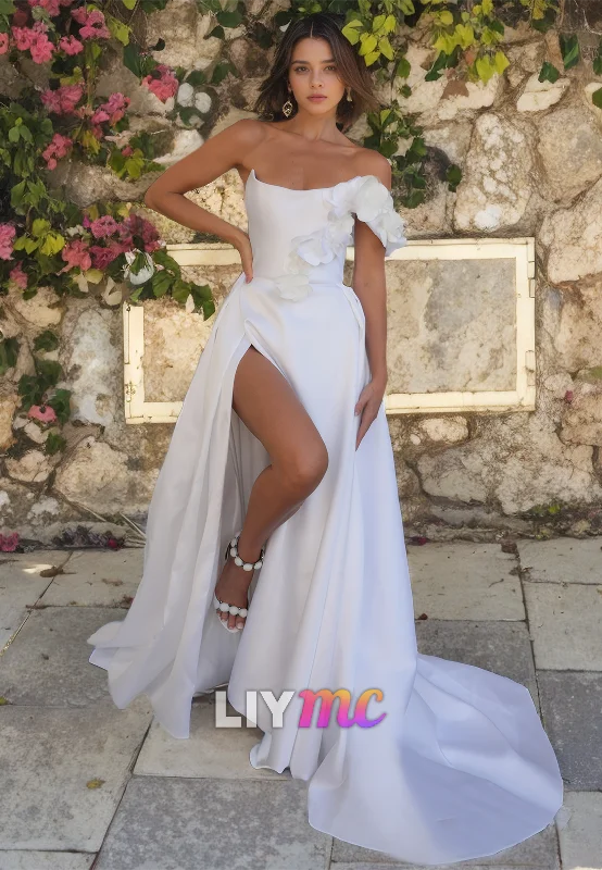 Weekend Super Sale LW454 - Simple Off-Shoulder Floral Embellished Sleek Satin High Slit Beach Wedding Dress Weekend Super Sale LW454 - Simple Off-Shoulder Floral Embellished Sleek Satin High Slit Beach Wedding Dress