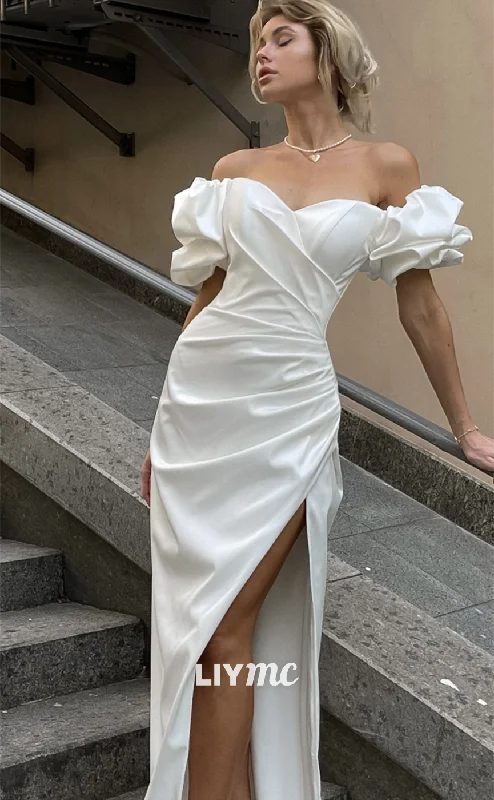 Weekend Exclusive Bargains LW459 - Sweetheart Puff Sleeves Ruched Sleek Satin High Slit Beach Wedding Dress Weekend Exclusive Bargains LW459 - Sweetheart Puff Sleeves Ruched Sleek Satin High Slit Beach Wedding Dress