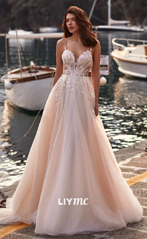 Weekend Flash Deals LW465 - Spaghetti Straps Appliques Backless High Slit Tulle Tiered A-Line Wedding Dress Weekend Flash Deals LW465 - Spaghetti Straps Appliques Backless High Slit Tulle Tiered A-Line Wedding Dress