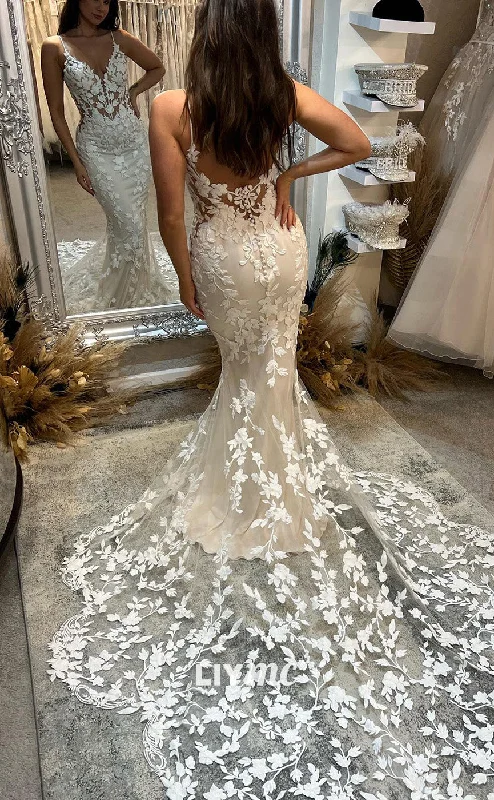 Weekend Specials Galore LW468 - Sexy Mermaid Straps V-Neck Fully Floral Appliqued Wedding Dress With Court Train Weekend Specials Galore LW468 - Sexy Mermaid Straps V-Neck Fully Floral Appliqued Wedding Dress With Court Train
