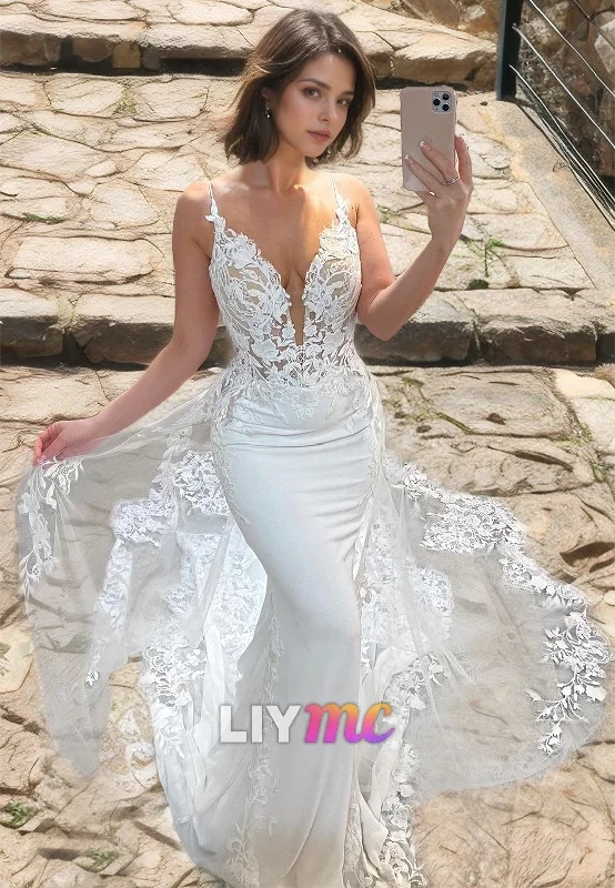 Weekend Shopping Rush LW469 - Mermaid V-Neck Spaghetti Straps Lace Appliques Wedding Dress With Court Train Weekend Shopping Rush LW469 - Mermaid V-Neck Spaghetti Straps Lace Appliques Wedding Dress With Court Train