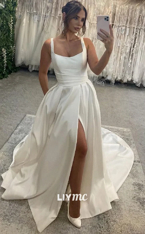 Weekend Steals LW470 - Chic & Modern A-Line Square Satin High Slit Wedding Dress With Court Train Weekend Steals LW470 - Chic & Modern A-Line Square Satin High Slit Wedding Dress With Court Train
