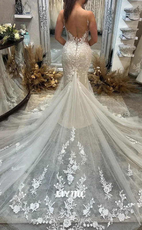 Weekend Bonanza LW472 - Mermaid V-Neck Sleeveless Tulle Floral Appliqued Wedding Dress With Court Train Weekend Bonanza LW472 - Mermaid V-Neck Sleeveless Tulle Floral Appliqued Wedding Dress With Court Train