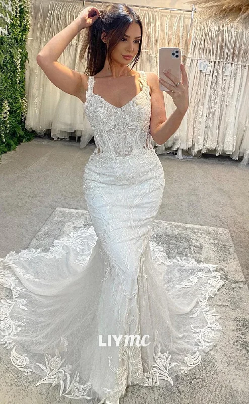 Shop & Save Instantly LW473 - Trumpet Straps Lace Floral Appliqued Backless Wedding Dress With Sweep Train Shop & Save Instantly LW473 - Trumpet Straps Lace Floral Appliqued Backless Wedding Dress With Sweep Train