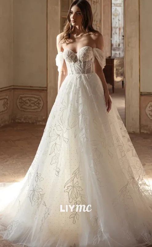 Final Sale Event LW474 - A-Line Off-Shoulder Floral Embellished Tulle Tiered Wedding Dress With Sweep Train Final Sale Event LW474 - A-Line Off-Shoulder Floral Embellished Tulle Tiered Wedding Dress With Sweep Train