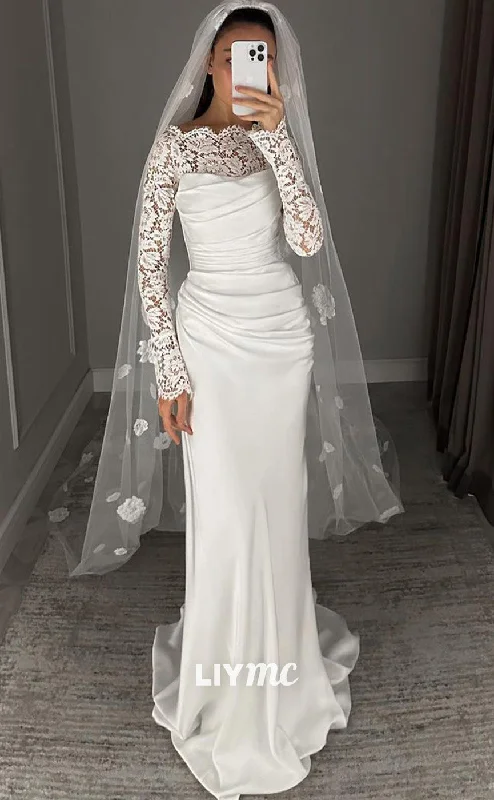 Season-End Deals LW481 - Sheath Draped Sleek Satin Lace Long Sleeves Long Wedding Dress With Sweep Train Season-End Deals LW481 - Sheath Draped Sleek Satin Lace Long Sleeves Long Wedding Dress With Sweep Train