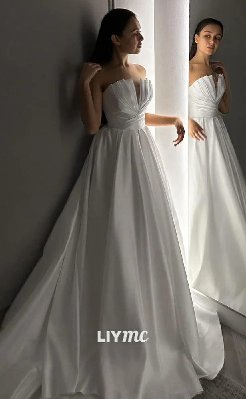Flash Discounts LW482 - A-Line Strapless Draped Sleek Satin Wedding Dress With Court Train