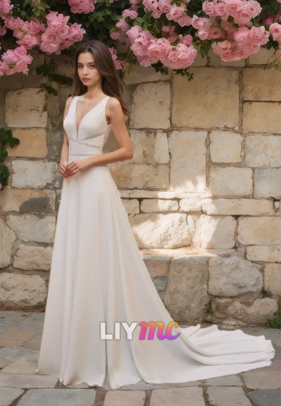 Big Bargain Bonanza LW487 - A-Line V-Neck V-Back Cut-Outs Floor-Length Wedding Dress With Sweep Train Big Bargain Bonanza LW487 - A-Line V-Neck V-Back Cut-Outs Floor-Length Wedding Dress With Sweep Train