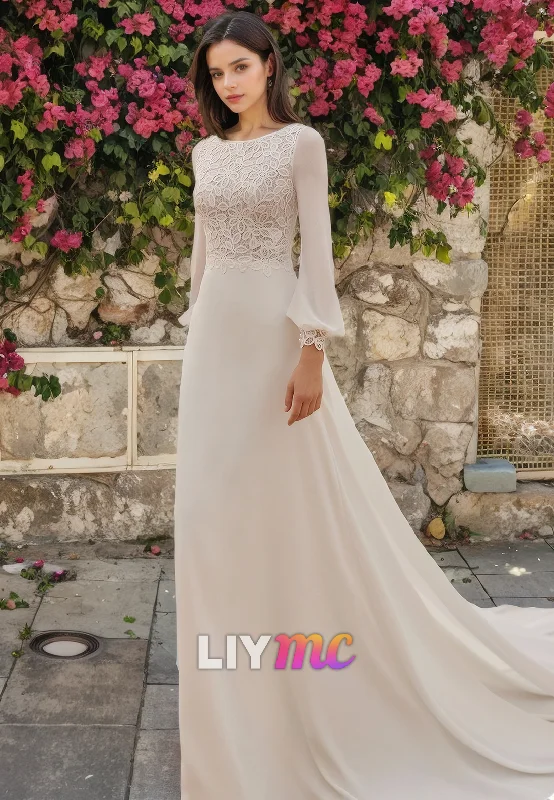 Limited-Time Deal LW488 - Sheath Round Long Sleeves Appliques Cut-Outs Floor-Length Wedding Dress With Sweep Train Limited-Time Deal LW488 - Sheath Round Long Sleeves Appliques Cut-Outs Floor-Length Wedding Dress With Sweep Train