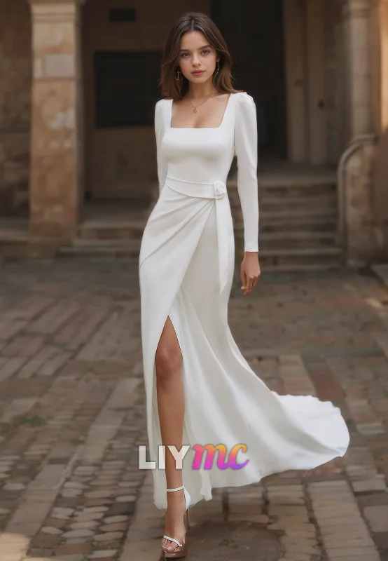 Shop & Save Now LW490 - Modern Sheath Square Draped Slit Floral Embossed Cut-Outs Long Boho Wedding Dress With Sweep Train Shop & Save Now LW490 - Modern Sheath Square Draped Slit Floral Embossed Cut-Outs Long Boho Wedding Dress With Sweep Train