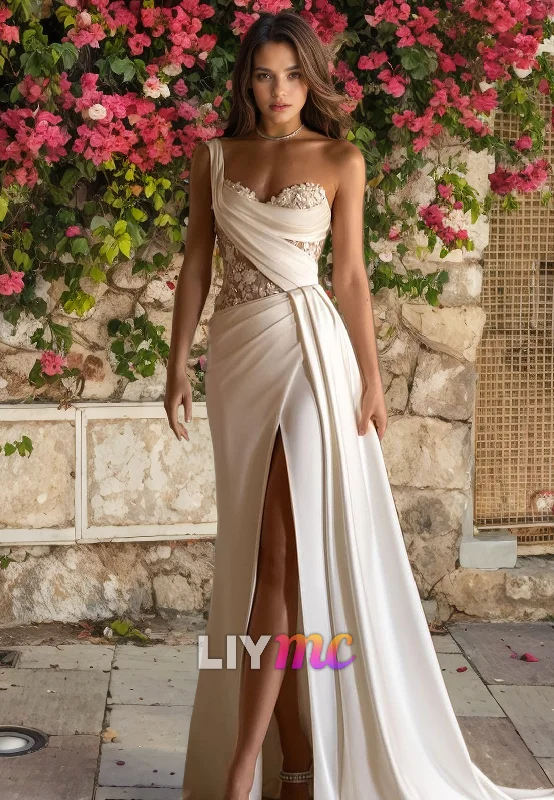 Hot Savings Alert LW507 - Sheath Sweetheart One Shoulder Floral Appliqued Draped High Side Slit Floor-Length Boho Wedding Dress with Overlay Hot Savings Alert LW507 - Sheath Sweetheart One Shoulder Floral Appliqued Draped High Side Slit Floor-Length Boho Wedding Dress with Overlay
