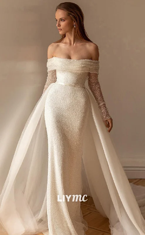 Price Slash Alert LW514 - Sheath Off Shoulder Long Sleeves Sequins Fully Beaded Long Wedding Dress with Overlay Price Slash Alert LW514 - Sheath Off Shoulder Long Sleeves Sequins Fully Beaded Long Wedding Dress with Overlay