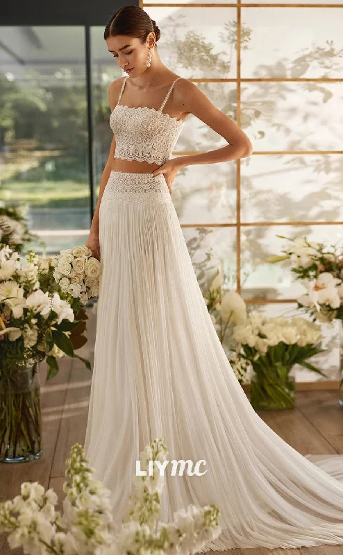 Last Chance Sale LW519 - A-Line Two Piece Straps Lace Tulle High Side Slit Long Boho Wedding Dress with Sweep Train Last Chance Sale LW519 - A-Line Two Piece Straps Lace Tulle High Side Slit Long Boho Wedding Dress with Sweep Train