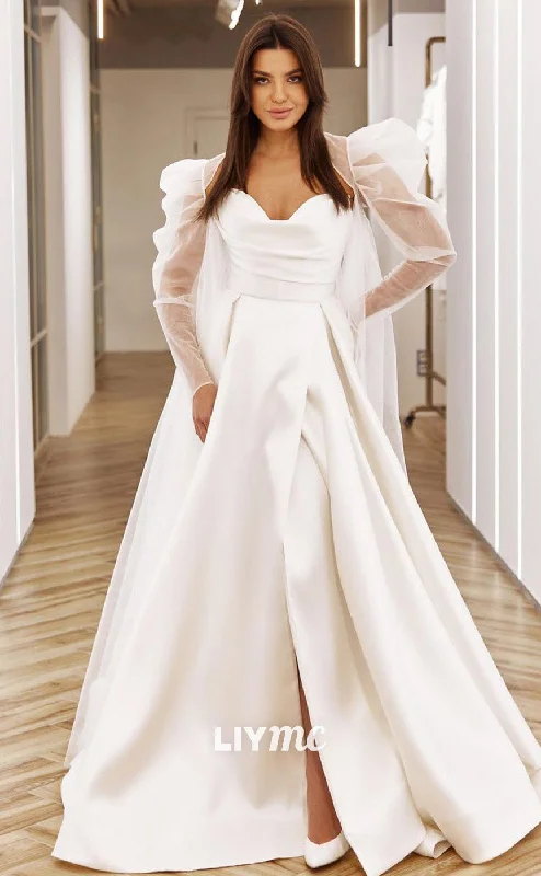 Deal of the Week LW525 - V-Neck Long Sleeves Sleek Satin Pleated Simple A-Line Wedding Dress Deal of the Week LW525 - V-Neck Long Sleeves Sleek Satin Pleated Simple A-Line Wedding Dress