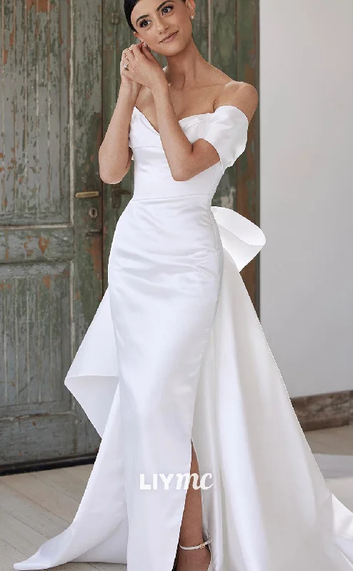 Limited Time Bargain LW550 - Simple Off-Shoulder Sleek Satin Side Slit Court Train Beach Wedding Dress Limited Time Bargain LW550 - Simple Off-Shoulder Sleek Satin Side Slit Court Train Beach Wedding Dress