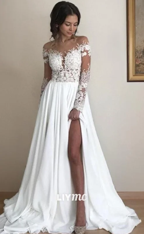 Seasonal Discounts LW554 - A-Line Scoop Sweep Train Chiffon Wedding Dresses With Leg Slit Seasonal Discounts LW554 - A-Line Scoop Sweep Train Chiffon Wedding Dresses With Leg Slit