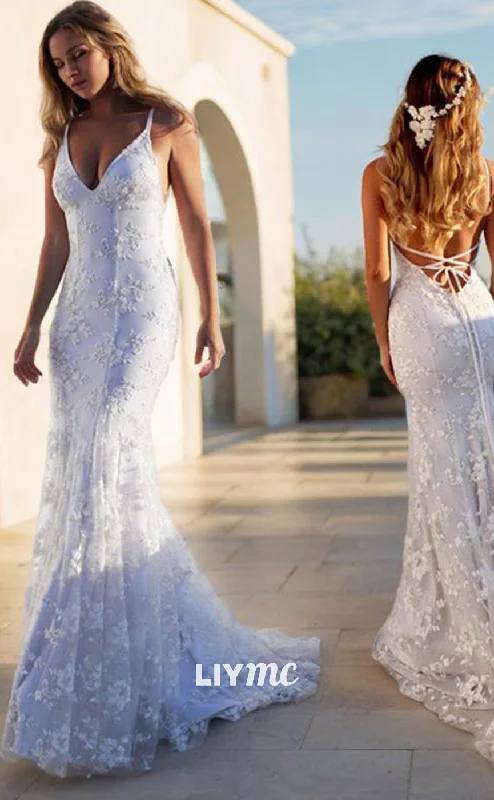 Best Offers LW556 - Trumpet Mermaid V-neck Court Train Lace Wedding Dresses
