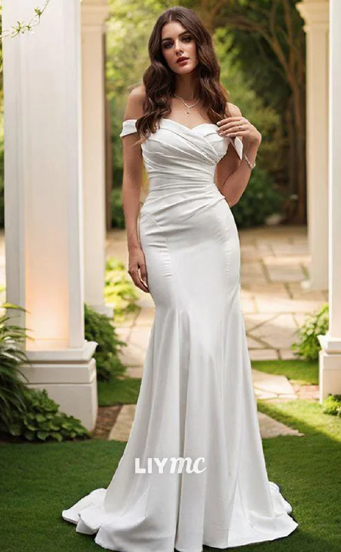 Grab It Now LW558 - Mermaid Satin Off-the-Shoulder Ruched Sleeveless Sweep Train Wedding Dresses Grab It Now LW558 - Mermaid Satin Off-the-Shoulder Ruched Sleeveless Sweep Train Wedding Dresses