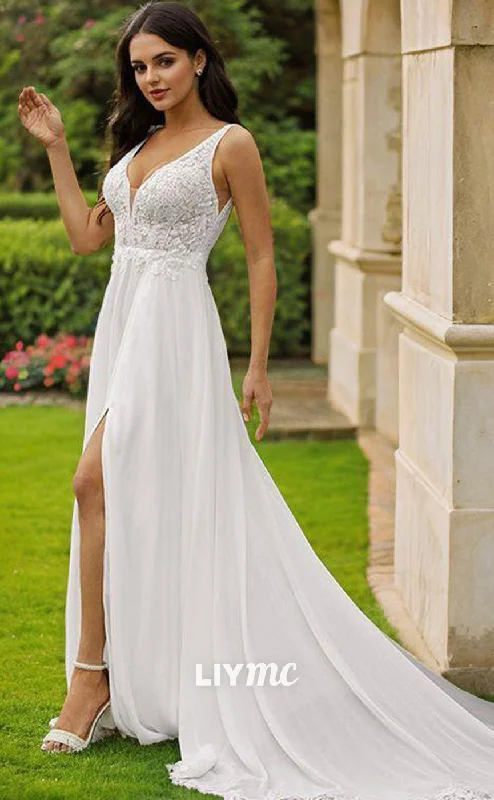 Sale of the Year LW564 - A-Line Princess Chiffon Lace V-neck Sleeveless Sweep Train Wedding Dresses Sale of the Year LW564 - A-Line Princess Chiffon Lace V-neck Sleeveless Sweep Train Wedding Dresses