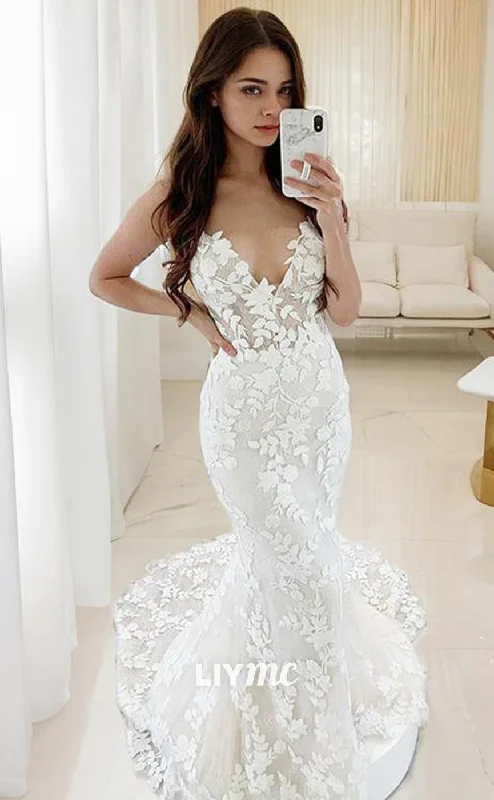 Mega Discounts LW565 - Trumpet Mermaid V-neck Sweep Train Tulle Wedding Dresses