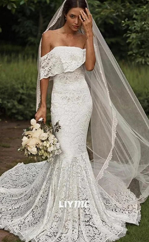 Clearance Event LW569 - Trumpet Mermaid Off-the-Shoulder Sweep Train Lace Wedding Dresses Clearance Event LW569 - Trumpet Mermaid Off-the-Shoulder Sweep Train Lace Wedding Dresses