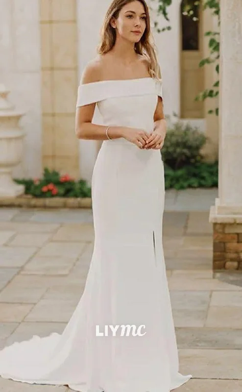 Hurry, Don’t Miss Out LW573 - Sheath Column Off-the-Shoulder Sweep Train Stretch Crepe Wedding Dresses With Leg Slit Hurry, Don’t Miss Out LW573 - Sheath Column Off-the-Shoulder Sweep Train Stretch Crepe Wedding Dresses With Leg Slit