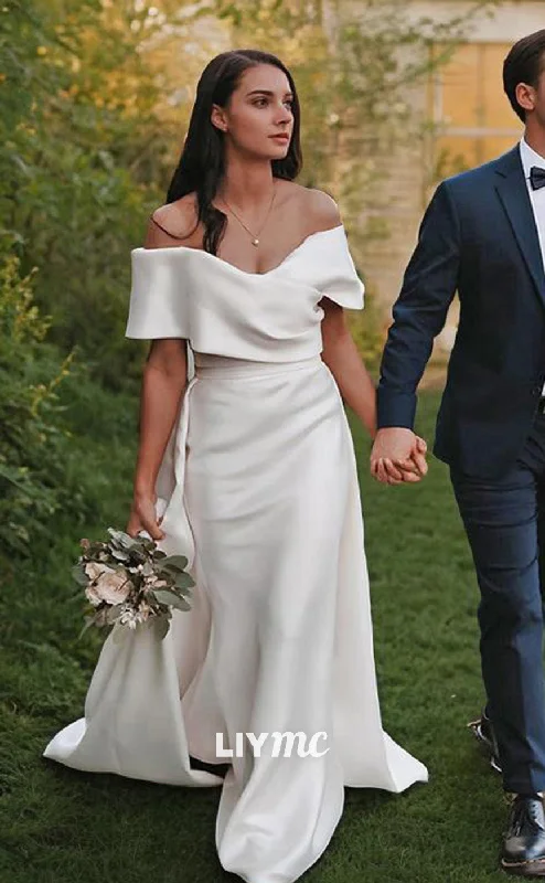 Limited Stock LW574 - Sheath Column Off-the-Shoulder Sweep Train Charmeuse Wedding Dresses
