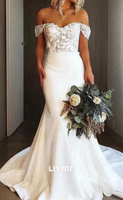 Super Savings LW584 - Off-Shouler Lace Appliques Sleek Satin Mermaid Wedding Dress Super Savings LW584 - Off-Shouler Lace Appliques Sleek Satin Mermaid Wedding Dress