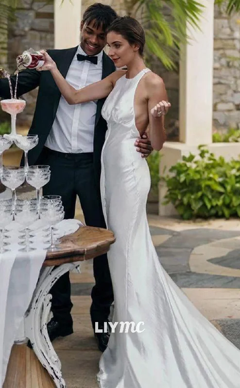 Flash Offer LW585 - Halter Sleeveless Sleek Satin Simple Mermaid Vintage Wedding Dress Flash Offer LW585 - Halter Sleeveless Sleek Satin Simple Mermaid Vintage Wedding Dress