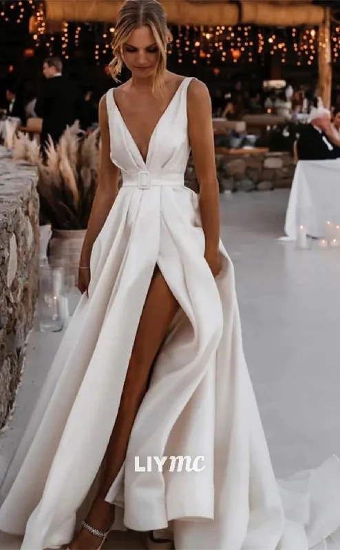 Weekend Offers and Savings LW592 - Low V-Neck Sleeveless High Slit Sleek Satin A-Line Wedding Dress Weekend Offers and Savings LW592 - Low V-Neck Sleeveless High Slit Sleek Satin A-Line Wedding Dress
