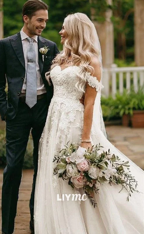 Weekend Super Sale Frenzy LW618 - A-Line Off-the-Shoulder Sweep Train Tulle Wedding Dresses With Appliques Lace
