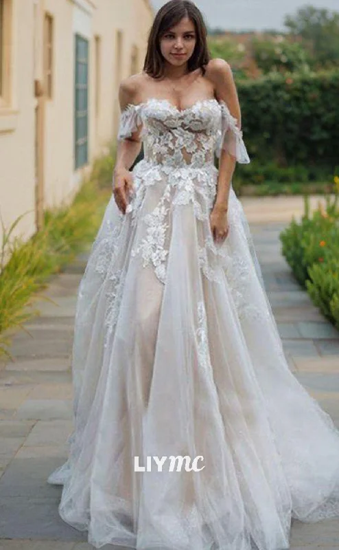 Weekend Exclusive Offers You’ll Love LW620 - A-Line Off-the-Shoulder Sweep Train Lace Wedding Dresses